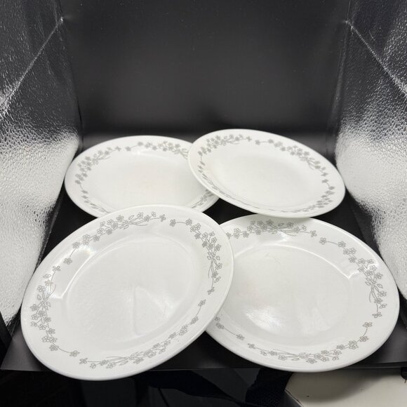 Corelle White Bread Plates Ribbon Bouquet Gray Flower Design Set Of 4 Vintage - Picture 2 of 7